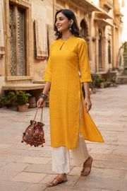 Sunflower Yellow Handcrafted Solid Style Embroidered Cotton Kurta 10077417