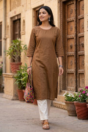 Brown Handcrafted Solid Style Embroidered Cotton Kurta 10077422