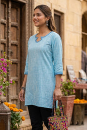 Light Blue Handcrafted Solid Style Embroidered Cotton Kurti 10077423