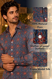 Blue Ajrakh Printed Vegan Modal Silk Mens Shirt 10078095