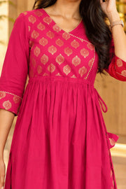 Hot Pink Printed Cotton Kurta Set 10078208