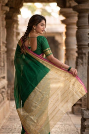 Midnight Forest Green Mysore Crepe Silk Saree with Zari Border 10076247
