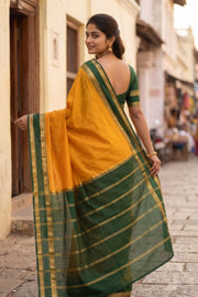 Golden Amber Yellow Mysore Crepe Silk Saree With Zari Border 10076244