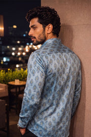Blue Full Sleeve Vanaspathi Print Modal Silk Mens Shirt 10074058