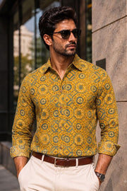 Yellow Full Sleeve Ajrakh Printed Cotton Mens Shirt 10071167