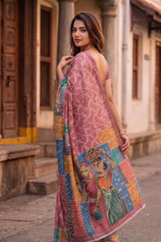 Pink Printed Semi Tussar Silk Saree With Tribal Motifs 10076269
