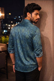 Blue Full Sleeve Vanaspathi Print Modal Silk Mens Shirt 10074063