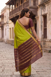 Pista Glow Green Mysore Crepe Silk Saree With Zari Border 10076233