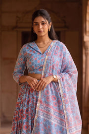 Blue Hand Block Printed Cotton Chaniya Choli With Kota Doria Dupatta 10066328