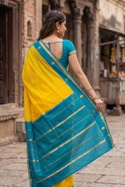 Sunshine Gold Yellow Mysore Crepe Silk Saree With Checks Design And Zari Border 10076252
