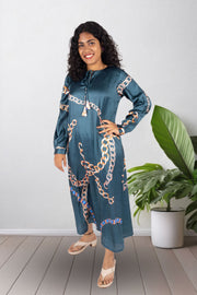 Green Printed Vegan Charmeuse Silk Dress 10074052