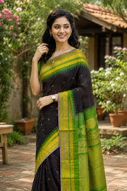 Black Gadwal Kuttu Handloom Silk Saree With Contrast Green Border 10077199