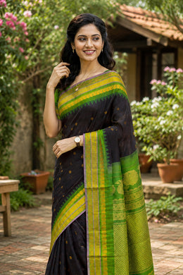 Black Gadwal Kuttu Handloom Silk Saree With Contrast Green Border 10077199