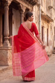 Cherry Blossom Red Mysore Crepe Silk Saree With Zari Border 10076228