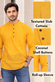 Yellow Full Sleeve Slub Cotton Shirt Length Men's Kurta 10077842