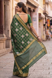 Jungle Leaf Green Mysore Crepe Silk Saree With Checks And Zari Border 10076662