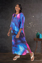 Blue Printed Vegan Charmeuse Silk Dress  10073750