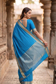 Deep Aqua Blue Mysore Crepe Silk Saree With Geometric Design And Zari Border 10076673