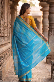 Aqua Sky Blue Mysore Crepe Silk Saree With Stripes Zari Design And Zari Border 10076674