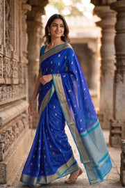 Royal Azure Blue Mysore Crepe Silk Saree With Leaf Butta Design And Zari Border 10076678