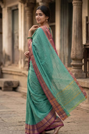 Teal Blue Handloom Chettinad Cotton Saree 10077350