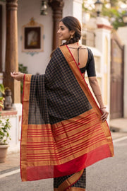 Coffee Bean Black Mysore Crepe Silk Saree With Checks Design And Zari Border 10076267