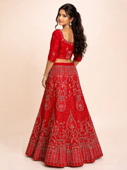 Red Net Silk Embroidered Lehenga 10076885