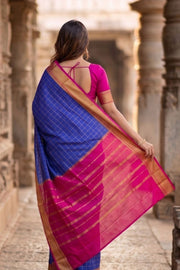 Moonlit Ocean Blue Mysore Crepe Silk Saree With Checks Design And Pink Zari Border 10076266