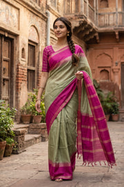 Sage Green Semi Tussar Saree with Zari Border 10078210