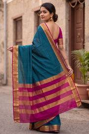 Midnight Teal Blue Mysore Crepe Silk Saree With Zari Border 10076670