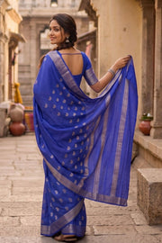 Sapphire Blue Mysore Crepe Silk Saree With Paisley Motifs Design And Zari Border 10076681