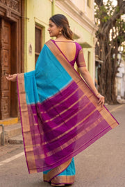 Pacific Blue With Purple Mysore Crepe Silk Saree 10076657