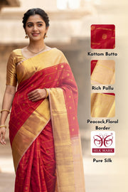Red Korvai Kanjivaram Pure Silk Saree With Zari Border 10077910
