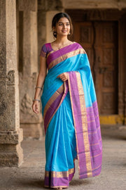 Anandha Blue Kanjivaram Pure Silk Saree With Kodimalar Border 10077892