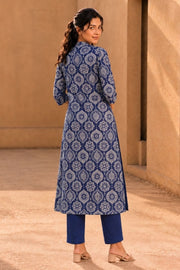 Blue Hand Block Printed Cotton Kurta 10077672