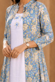 White Embroidered Midi Coat Cotton Dress with Blue Jacket 10077646