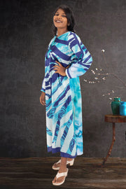 Blue Printed Vegan Charmeuse Silk Dress 10074049