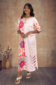 Peach Printed Vegan Charmeuse Silk Dress 10074056