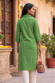 Green Handcrafted Solid Style Oxford Cotton Kurta 10077443
