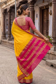 Yellow Mysore Crepe Silk Saree With Pink Border 10043564