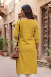 Yellow Handcrafted Slub Cotton Kurta 10077427