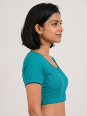 Blue Handcrafted Slub Cotton Solid Style Blouse 10073181