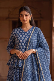 Blue Hand Block Printed Chaniya Choli with Kota Doria Dupatta 10066321