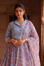 Blue Hand Block Printed Chaniya Choli With Kota Doria Dupatta  10066331
