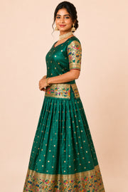 Dark Green Handcrafted Paithani Lehenga - 10065963