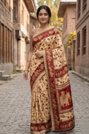 Beige and Red Kani Printed Silk Saree 10077874