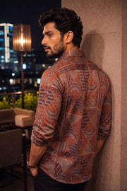 Brown Full Sleeve Jahota Print Modal Silk Mens Shirt 10074379