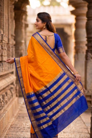 Sun-Kissed Amber Yellow Mysore Crepe Silk Saree With Zari Border 10076265
