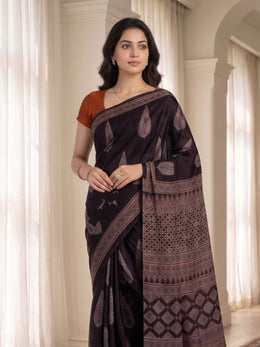 Blackberry Wine Black Ajrakh Printed Mulmul Cotton Saree With Geometric Border 10076518