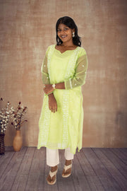 Green Chikankari Embroidery Organza Kurta 10074392